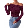 image:imagePRETTYGARDEN Women Trendy Off the Shoulder Floral Tops  Lightweight Stretchy Mesh Blouse Flocked Print Long Sleeve Slim Fit Shirts Fall Spring Outfits for Date Night Going OutBurgundy