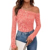 image:imagePRETTYGARDEN Women Trendy Off the Shoulder Floral Tops  Lightweight Stretchy Mesh Blouse Flocked Print Long Sleeve Slim Fit Shirts Fall Spring Outfits for Date Night Going OutPink