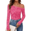 image:imagePRETTYGARDEN Women Trendy Off the Shoulder Floral Tops  Lightweight Stretchy Mesh Blouse Flocked Print Long Sleeve Slim Fit Shirts Fall Spring Outfits for Date Night Going OutRose Red