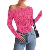image:imagePRETTYGARDEN Women Trendy Off the Shoulder Floral Tops  Lightweight Stretchy Mesh Blouse Flocked Print Long Sleeve Slim Fit Shirts Fall Spring Outfits for Date Night Going OutRose Red