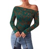 image:imagePRETTYGARDEN Women Trendy Off the Shoulder Floral Tops  Lightweight Stretchy Mesh Blouse Flocked Print Long Sleeve Slim Fit Shirts Fall Spring Outfits for Date Night Going OutDark Green