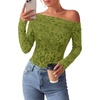 image:imagePRETTYGARDEN Women Trendy Off the Shoulder Floral Tops  Lightweight Stretchy Mesh Blouse Flocked Print Long Sleeve Slim Fit Shirts Fall Spring Outfits for Date Night Going OutLight Green
