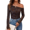 image:imagePRETTYGARDEN Women Trendy Off the Shoulder Floral Tops  Lightweight Stretchy Mesh Blouse Flocked Print Long Sleeve Slim Fit Shirts Fall Spring Outfits for Date Night Going OutBrown