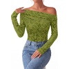 image:imagePRETTYGARDEN Women Trendy Off the Shoulder Floral Tops  Lightweight Stretchy Mesh Blouse Flocked Print Long Sleeve Slim Fit Shirts Fall Spring Outfits for Date Night Going OutLight Green