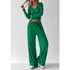 image:imagePRETTYGARDEN Womens 2 Piece Lounge Sets Matching Clothing  V Neck Long Sleeve Tops Wide Leg Pants Pockets Airport Travel Outfits Soft Ribbed Knit Drawstring Waist Fall Resort WearGreen
