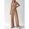 image:imagePRETTYGARDEN Womens 2 Piece Lounge Sets Matching Clothing  V Neck Long Sleeve Tops Wide Leg Pants Pockets Airport Travel Outfits Soft Ribbed Knit Drawstring Waist Fall Resort WearCamel