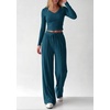 image:imagePRETTYGARDEN Womens 2 Piece Lounge Sets Matching Clothing  V Neck Long Sleeve Tops Wide Leg Pants Pockets Airport Travel Outfits Soft Ribbed Knit Drawstring Waist Fall Resort WearLake Blue
