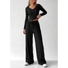 image:imagePRETTYGARDEN Womens 2 Piece Lounge Sets Matching Clothing  V Neck Long Sleeve Tops Wide Leg Pants Pockets Airport Travel Outfits Soft Ribbed Knit Drawstring Waist Fall Resort WearBlack