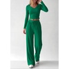 image:imagePRETTYGARDEN Womens 2 Piece Lounge Sets Matching Clothing  V Neck Long Sleeve Tops Wide Leg Pants Pockets Airport Travel Outfits Soft Ribbed Knit Drawstring Waist Fall Resort WearGreen