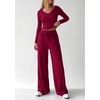 image:imagePRETTYGARDEN Womens 2 Piece Lounge Sets Matching Clothing  V Neck Long Sleeve Tops Wide Leg Pants Pockets Airport Travel Outfits Soft Ribbed Knit Drawstring Waist Fall Resort WearBurgundy