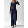 image:imagePRETTYGARDEN Womens 2 Piece Lounge Sets Matching Clothing  V Neck Long Sleeve Tops Wide Leg Pants Pockets Airport Travel Outfits Soft Ribbed Knit Drawstring Waist Fall Resort WearNavy Blue