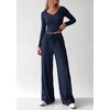 image:imagePRETTYGARDEN Womens 2 Piece Lounge Sets Matching Clothing  V Neck Long Sleeve Tops Wide Leg Pants Pockets Airport Travel Outfits Soft Ribbed Knit Drawstring Waist Fall Resort WearNavy Blue