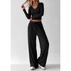 image:imagePRETTYGARDEN Womens 2 Piece Lounge Sets Matching Clothing  V Neck Long Sleeve Tops Wide Leg Pants Pockets Airport Travel Outfits Soft Ribbed Knit Drawstring Waist Fall Resort WearBlack