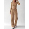 image:imagePRETTYGARDEN Womens 2 Piece Lounge Sets Matching Clothing  V Neck Long Sleeve Tops Wide Leg Pants Pockets Airport Travel Outfits Soft Ribbed Knit Drawstring Waist Fall Resort WearCamel