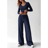 image:imagePRETTYGARDEN Womens 2 Piece Lounge Sets Matching Clothing  V Neck Long Sleeve Tops Wide Leg Pants Pockets Airport Travel Outfits Soft Ribbed Knit Drawstring Waist Fall Resort WearNavy Blue