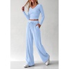 image:imagePRETTYGARDEN Womens 2 Piece Lounge Sets Matching Clothing  V Neck Long Sleeve Tops Wide Leg Pants Pockets Airport Travel Outfits Soft Ribbed Knit Drawstring Waist Fall Resort WearLight Blue