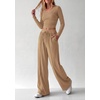 image:imagePRETTYGARDEN Womens 2 Piece Lounge Sets Matching Clothing  V Neck Long Sleeve Tops Wide Leg Pants Pockets Airport Travel Outfits Soft Ribbed Knit Drawstring Waist Fall Resort WearCamel