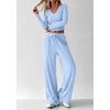 image:imagePRETTYGARDEN Womens 2 Piece Lounge Sets Matching Clothing  V Neck Long Sleeve Tops Wide Leg Pants Pockets Airport Travel Outfits Soft Ribbed Knit Drawstring Waist Fall Resort WearLight Blue