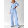 image:imagePRETTYGARDEN Womens 2 Piece Lounge Sets Matching Clothing  V Neck Long Sleeve Tops Wide Leg Pants Pockets Airport Travel Outfits Soft Ribbed Knit Drawstring Waist Fall Resort WearLight Blue