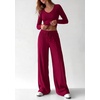 image:imagePRETTYGARDEN Womens 2 Piece Lounge Sets Matching Clothing  V Neck Long Sleeve Tops Wide Leg Pants Pockets Airport Travel Outfits Soft Ribbed Knit Drawstring Waist Fall Resort WearBurgundy