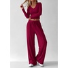 image:imagePRETTYGARDEN Womens 2 Piece Lounge Sets Matching Clothing  V Neck Long Sleeve Tops Wide Leg Pants Pockets Airport Travel Outfits Soft Ribbed Knit Drawstring Waist Fall Resort WearBurgundy