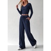image:imagePRETTYGARDEN Womens 2 Piece Lounge Sets Matching Clothing  V Neck Long Sleeve Tops Wide Leg Pants Pockets Airport Travel Outfits Soft Ribbed Knit Drawstring Waist Fall Resort WearNavy Blue