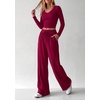 image:imagePRETTYGARDEN Womens 2 Piece Lounge Sets Matching Clothing  V Neck Long Sleeve Tops Wide Leg Pants Pockets Airport Travel Outfits Soft Ribbed Knit Drawstring Waist Fall Resort WearBurgundy