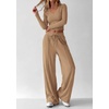 image:imagePRETTYGARDEN Womens 2 Piece Lounge Sets Matching Clothing  V Neck Long Sleeve Tops Wide Leg Pants Pockets Airport Travel Outfits Soft Ribbed Knit Drawstring Waist Fall Resort WearCamel