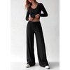image:imagePRETTYGARDEN Womens 2 Piece Lounge Sets Matching Clothing  V Neck Long Sleeve Tops Wide Leg Pants Pockets Airport Travel Outfits Soft Ribbed Knit Drawstring Waist Fall Resort WearBlack
