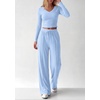 image:imagePRETTYGARDEN Womens 2 Piece Lounge Sets Matching Clothing  V Neck Long Sleeve Tops Wide Leg Pants Pockets Airport Travel Outfits Soft Ribbed Knit Drawstring Waist Fall Resort WearLight Blue