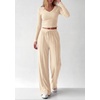 image:imagePRETTYGARDEN Womens 2 Piece Lounge Sets Matching Clothing  V Neck Long Sleeve Tops Wide Leg Pants Pockets Airport Travel Outfits Soft Ribbed Knit Drawstring Waist Fall Resort WearBeige