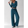image:imagePRETTYGARDEN Womens 2 Piece Lounge Sets Matching Clothing  V Neck Long Sleeve Tops Wide Leg Pants Pockets Airport Travel Outfits Soft Ribbed Knit Drawstring Waist Fall Resort WearLake Blue