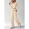 image:imagePRETTYGARDEN Womens 2 Piece Lounge Sets Matching Clothing  V Neck Long Sleeve Tops Wide Leg Pants Pockets Airport Travel Outfits Soft Ribbed Knit Drawstring Waist Fall Resort WearBeige