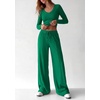 image:imagePRETTYGARDEN Womens 2 Piece Lounge Sets Matching Clothing  V Neck Long Sleeve Tops Wide Leg Pants Pockets Airport Travel Outfits Soft Ribbed Knit Drawstring Waist Fall Resort WearGreen