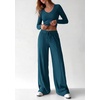 image:imagePRETTYGARDEN Womens 2 Piece Lounge Sets Matching Clothing  V Neck Long Sleeve Tops Wide Leg Pants Pockets Airport Travel Outfits Soft Ribbed Knit Drawstring Waist Fall Resort WearLake Blue