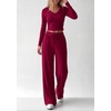 image:imagePRETTYGARDEN Womens 2 Piece Lounge Sets Matching Clothing  V Neck Long Sleeve Tops Wide Leg Pants Pockets Airport Travel Outfits Soft Ribbed Knit Drawstring Waist Fall Resort WearBurgundy