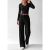 image:imagePRETTYGARDEN Womens 2 Piece Lounge Sets Matching Clothing  V Neck Long Sleeve Tops Wide Leg Pants Pockets Airport Travel Outfits Soft Ribbed Knit Drawstring Waist Fall Resort WearBlack