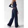 image:imagePRETTYGARDEN Womens 2 Piece Lounge Sets Matching Clothing  V Neck Long Sleeve Tops Wide Leg Pants Pockets Airport Travel Outfits Soft Ribbed Knit Drawstring Waist Fall Resort WearNavy Blue