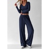 image:imagePRETTYGARDEN Womens 2 Piece Lounge Sets Matching Clothing  V Neck Long Sleeve Tops Wide Leg Pants Pockets Airport Travel Outfits Soft Ribbed Knit Drawstring Waist Fall Resort WearNavy Blue