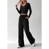 image:imagePRETTYGARDEN Womens 2 Piece Lounge Sets Matching Clothing  V Neck Long Sleeve Tops Wide Leg Pants Pockets Airport Travel Outfits Soft Ribbed Knit Drawstring Waist Fall Resort WearBlack