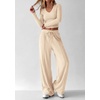 image:imagePRETTYGARDEN Womens 2 Piece Lounge Sets Matching Clothing  V Neck Long Sleeve Tops Wide Leg Pants Pockets Airport Travel Outfits Soft Ribbed Knit Drawstring Waist Fall Resort WearBeige