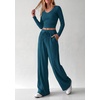 image:imagePRETTYGARDEN Womens 2 Piece Lounge Sets Matching Clothing  V Neck Long Sleeve Tops Wide Leg Pants Pockets Airport Travel Outfits Soft Ribbed Knit Drawstring Waist Fall Resort WearLake Blue