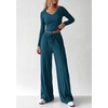 image:imagePRETTYGARDEN Womens 2 Piece Lounge Sets Matching Clothing  V Neck Long Sleeve Tops Wide Leg Pants Pockets Airport Travel Outfits Soft Ribbed Knit Drawstring Waist Fall Resort WearLake Blue