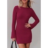 image:imagePRETTYGARDEN Womens Boat Neck Bell Long Sleeve Mini Dress  High Stretch Ribbed KnitVersatile Basic Slim Fit BodyconShort Night Out Party Cocktail DressesFall Winter Fashion ClothingWine Red