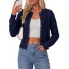 image:imagePRETTYGARDEN Womens Cropped Button Up Knit Cardigan Sweater  Cute Crewneck Long Sleeve Lightweight Tops 2026 Fall Trendy Slim Fit Soft Cozy Casual Cardigans Holiday Party SweatersNavy Blue