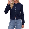 image:imagePRETTYGARDEN Womens Cropped Button Up Knit Cardigan Sweater  Cute Crewneck Long Sleeve Lightweight Tops 2026 Fall Trendy Slim Fit Soft Cozy Casual Cardigans Holiday Party SweatersNavy Blue