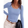 image:imagePRETTYGARDEN Womens Fall Lightweight Ribbed Knit Sweaters  Stretchy Cozy KnitwearScalloped Scoop NeckLong Sleeve ShirtsSlim Fitted PulloverBasic Layering TopsCute Casual OutfitsLight Blue