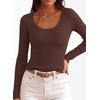 image:imagePRETTYGARDEN Womens Fall Lightweight Ribbed Knit Sweaters  Stretchy Cozy KnitwearScalloped Scoop NeckLong Sleeve ShirtsSlim Fitted PulloverBasic Layering TopsCute Casual OutfitsBrown