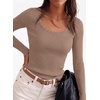 image:imagePRETTYGARDEN Womens Fall Lightweight Ribbed Knit Sweaters  Stretchy Cozy KnitwearScalloped Scoop NeckLong Sleeve ShirtsSlim Fitted PulloverBasic Layering TopsCute Casual OutfitsKhaki