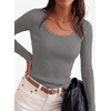 image:imagePRETTYGARDEN Womens Fall Lightweight Ribbed Knit Sweaters  Stretchy Cozy KnitwearScalloped Scoop NeckLong Sleeve ShirtsSlim Fitted PulloverBasic Layering TopsCute Casual OutfitsGrey